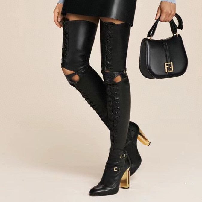 FENDI Women's Classic Solid Color Round-Toe Calfskin Over The Knee Boots For Fall/Winter Shoe #78957