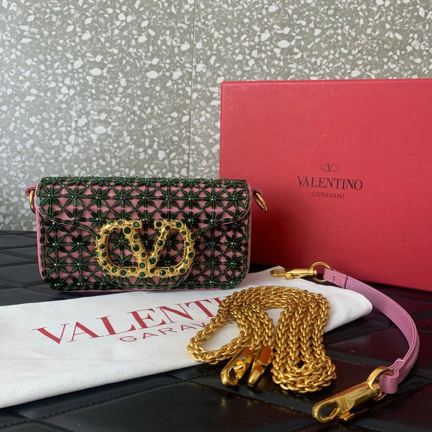 Valentino Imitation Crystal Decoration V Logo Signature Handbag #333601