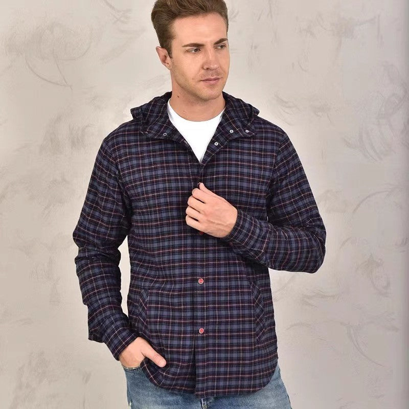 Kiton Men's Spring And Fall Retro Plaid Hooded Shirt Long-sleeved Lapel Buttons Fashion Casual Denim Cotton Shirt Ngvp #8879