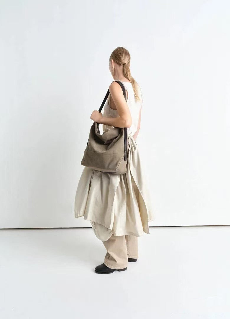 Lemaire Women's Canvas Adjustable Shoulder Strap Tote Bag Fashion Trend High Street Cowboy Splicing Large Capacity Handbag Shoulder Bag Ngvp #2432