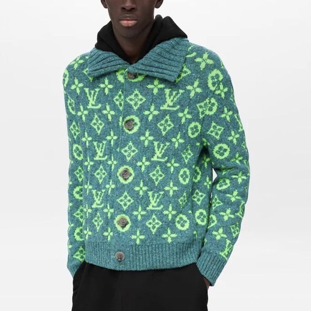 Louis Vuitton Men's Fall/Winter Green Monogrammed Pattern Knit Single Breasted Sweater Jacket #72785