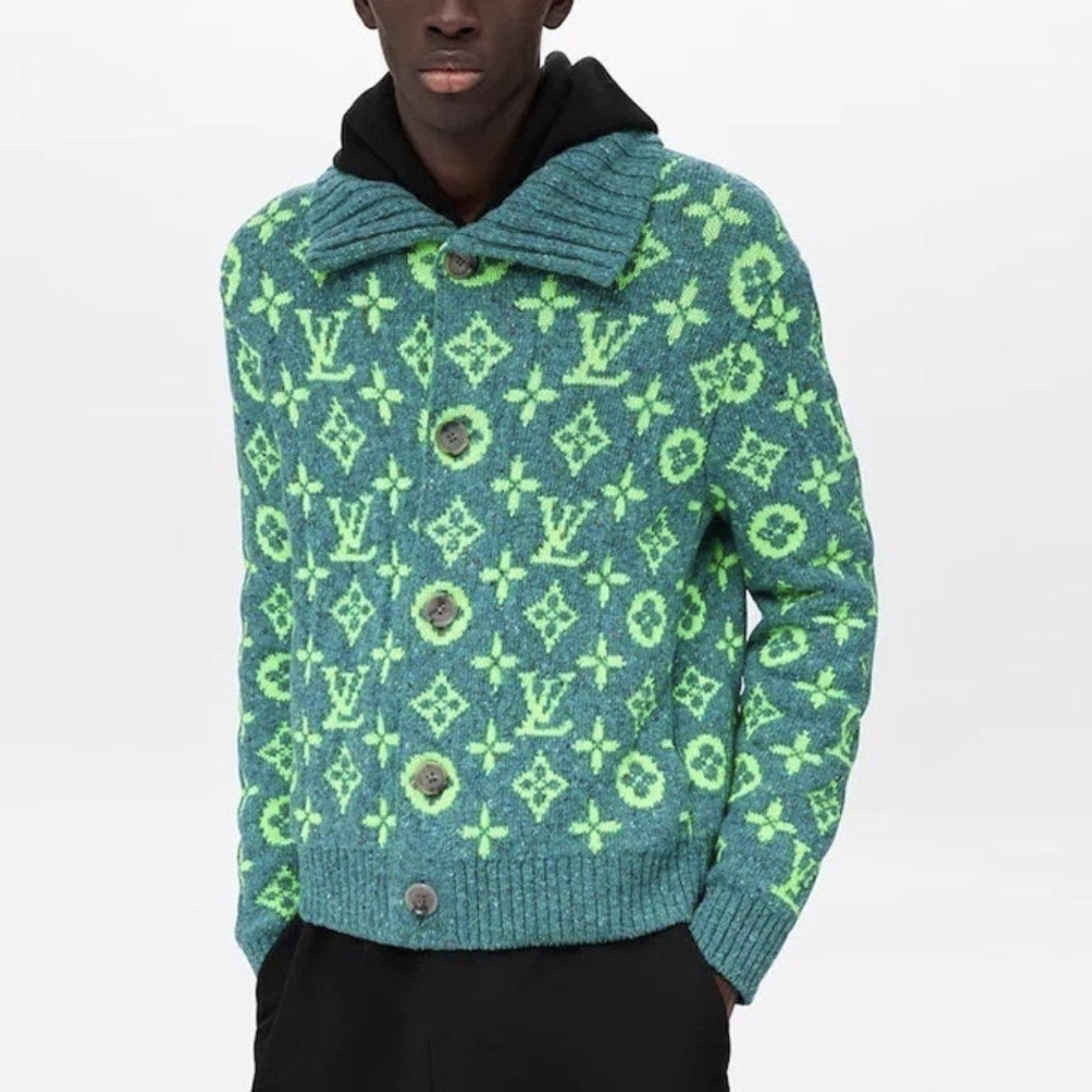 Louis Vuitton Men's Fall/Winter Green Monogrammed Pattern Knit Single Breasted Sweater Jacket #72785