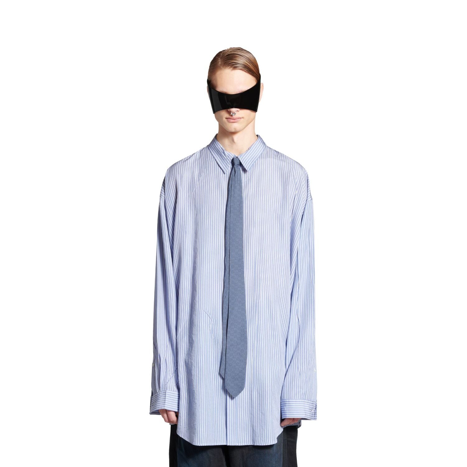 Balenciaga Men's Blue And White Draped Shirt Classic Fashion Pieces Layering Matching Spring And Autumn Funky Lapel Single Breasted Casual Shirt Top Ngvp #nig9789