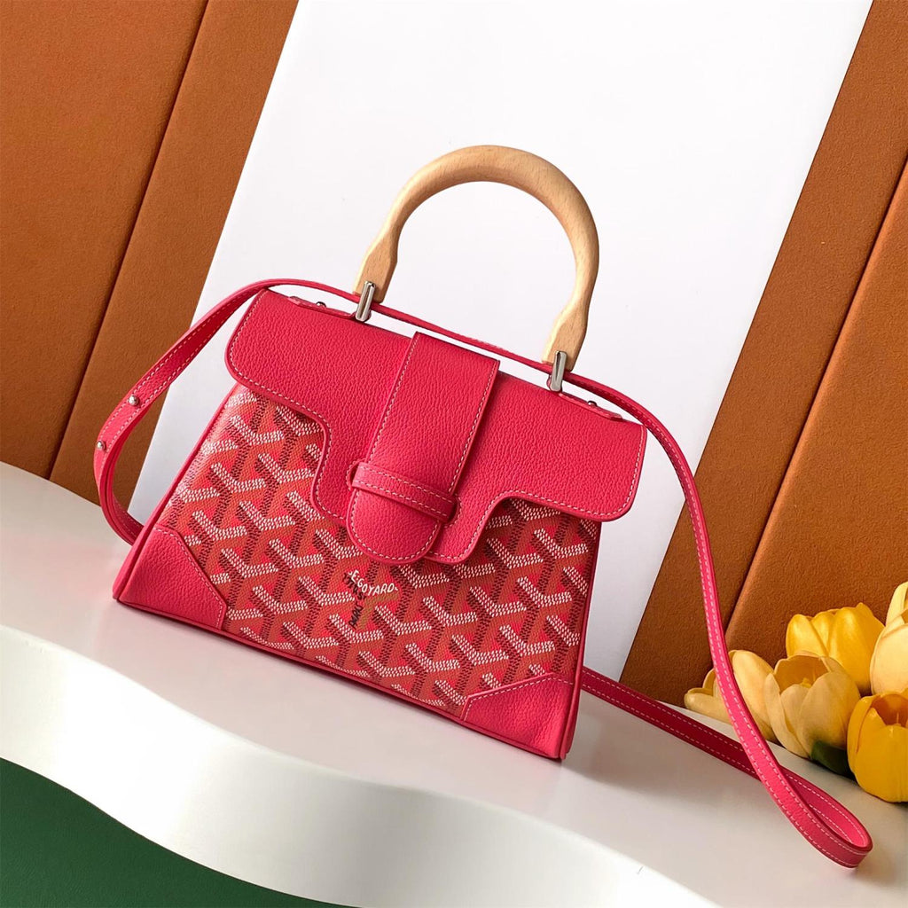 GOYARD Saigon Women's Solid Color Wooden Handle Canvas and Calfskin Shoulder Bag Handbag Bags #77774