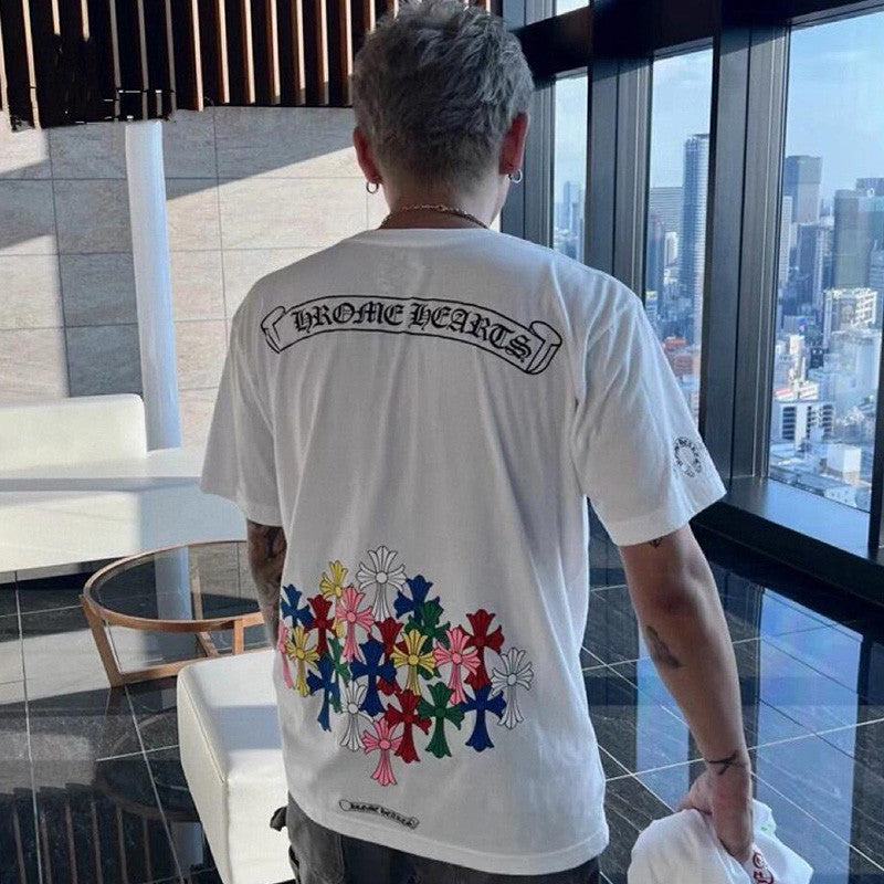 Chrome Hearts Men's Women's Summer Tide Sanskrit Letters Colourful Cross Logo Short-Sleeved T-Shirt Round Neck Short-Sleeved Casual T-Shirt #81147