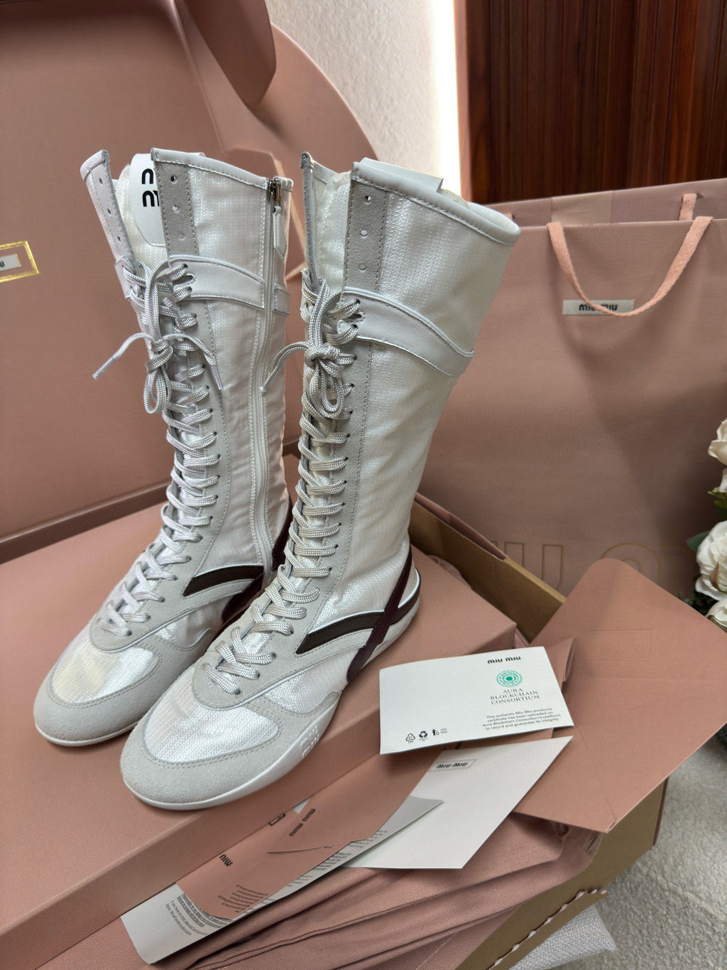 MiuMiu Gymnasium Women's Autumn And Winter Solid Color Technical Fabric And Suede Leather Boxing Boots Shoes #77315