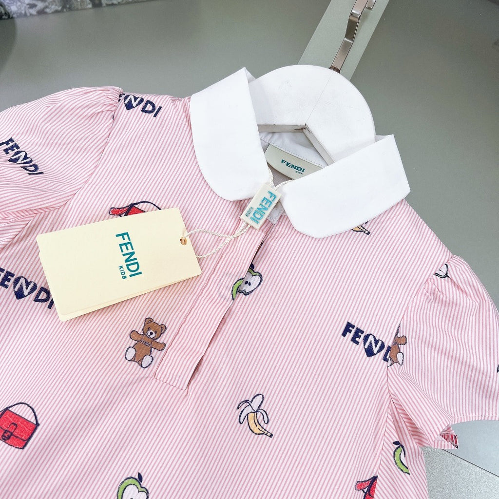 Fendi Kid's Spring And Summer Pink Letter Print Lapel Short-Sleeved Casual Dresses #31256