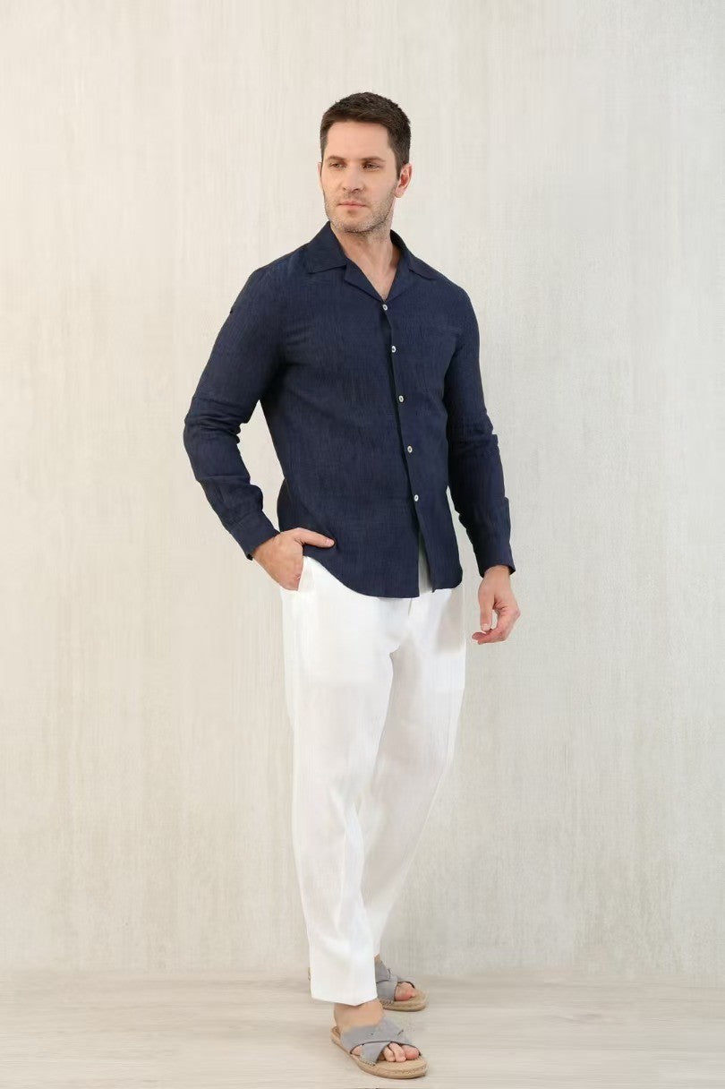 Brunello Cucinelli Men's Linen Easy Fit Shirt with Camp Collar and Chest Pocket Spring And Autumn Solid Color Long Sleeve Top Ngvp #1455