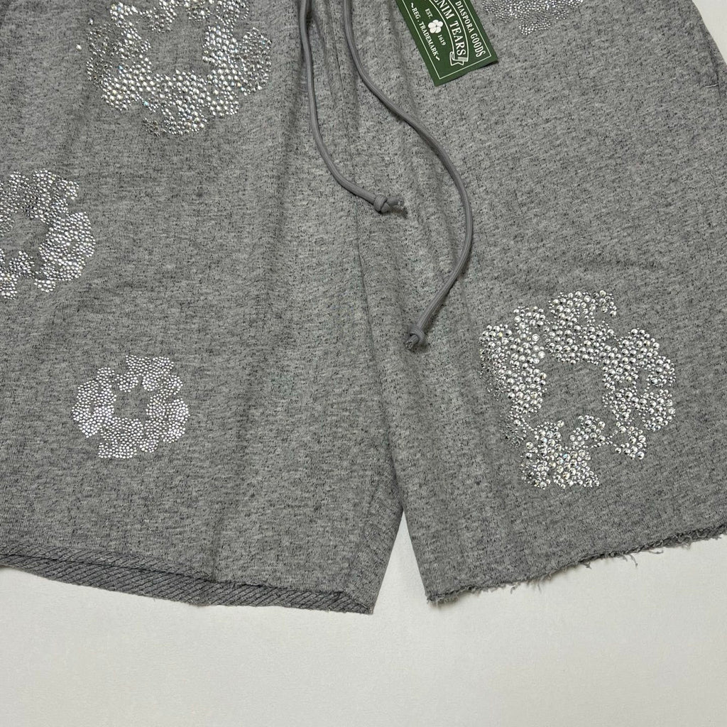 Denim Tears X Swarovski Men's Women's Summer Floral Rhinestone Solid Color Drawstring Tie Cotton Cashmere Casual Shorts Ngvp #1826