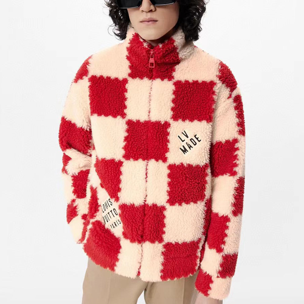 Louis Vuitton Men's Winter Red and White Plaid Lamb's Wool Zipper Jacket #96984