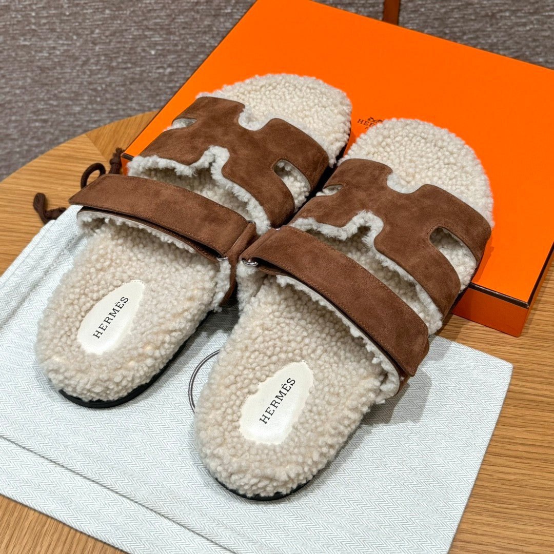 Hermes Chypre Men's And Women's Spring/Fall Fashion Casual Suede Shearling Flip Flop Sandals Shoes #78741
