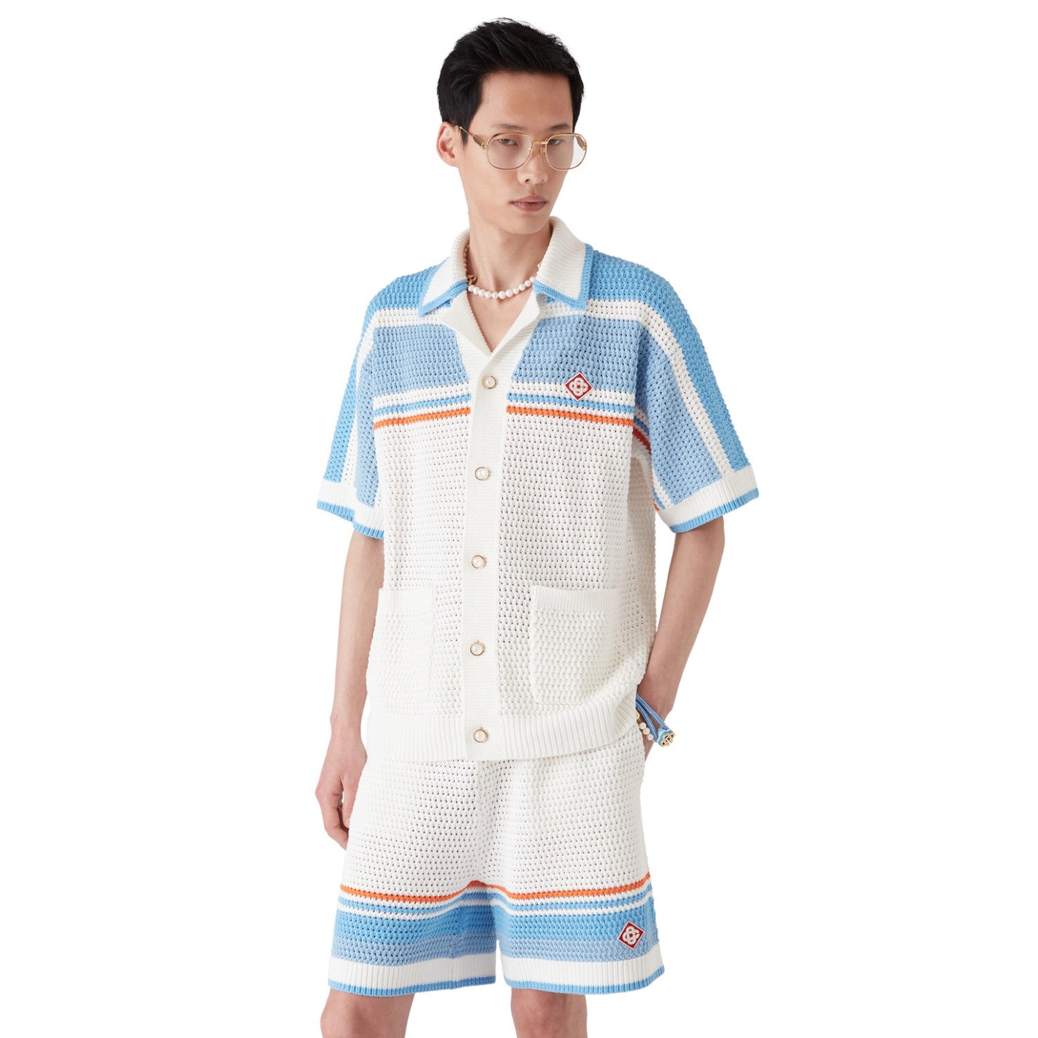 Casablanca Men's Summer Striped Printed Crochet Knit Single Breasted Short Sleeved Shirt And Casual Drawstring Shorts Set Suit #77391