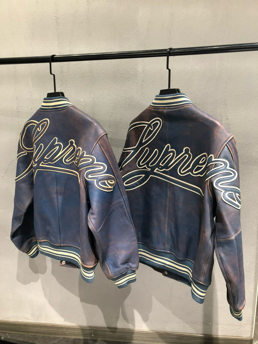 Supreme Men's Women's Spring And Autumn Blue Single Breasted Old Fashion Long Sleeve Loose Leather Jacket #98716