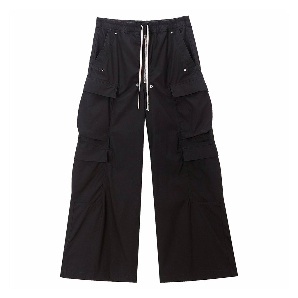 Rick Owens Men's Spring & Fall Black Multi-Pocket Drawstring Zipper Wide Leg Flared Pants #72482