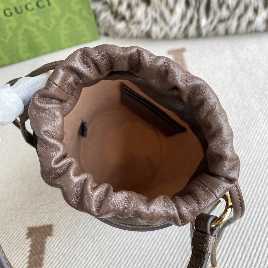 Gucci Ophidia Women's Brown Adjustable Shoulder Strap Drawstring Closure Canvas Spell Leather Bucket Bag Single Shoulder Crossbody Handbag Bags #75549