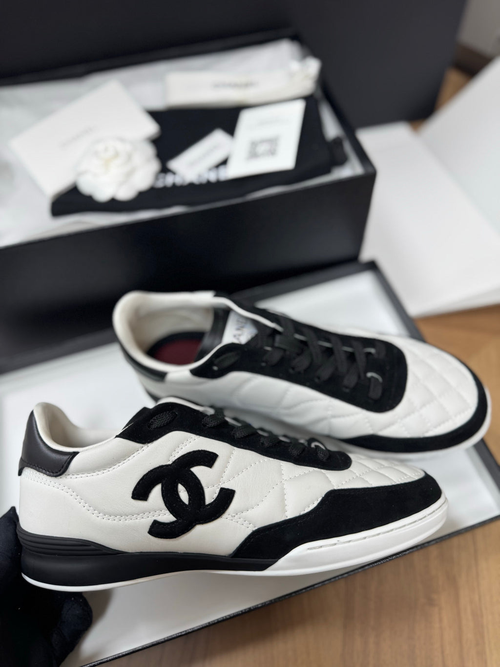 CHANEL Sneakers Calfskin Suede Kidskin White Black #378783