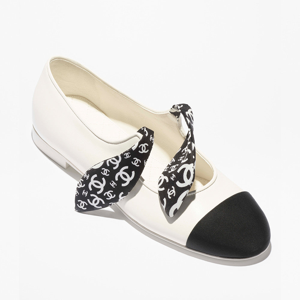 Chanel Mary Janes Lambskin Silk Grosgrain White Black #334248