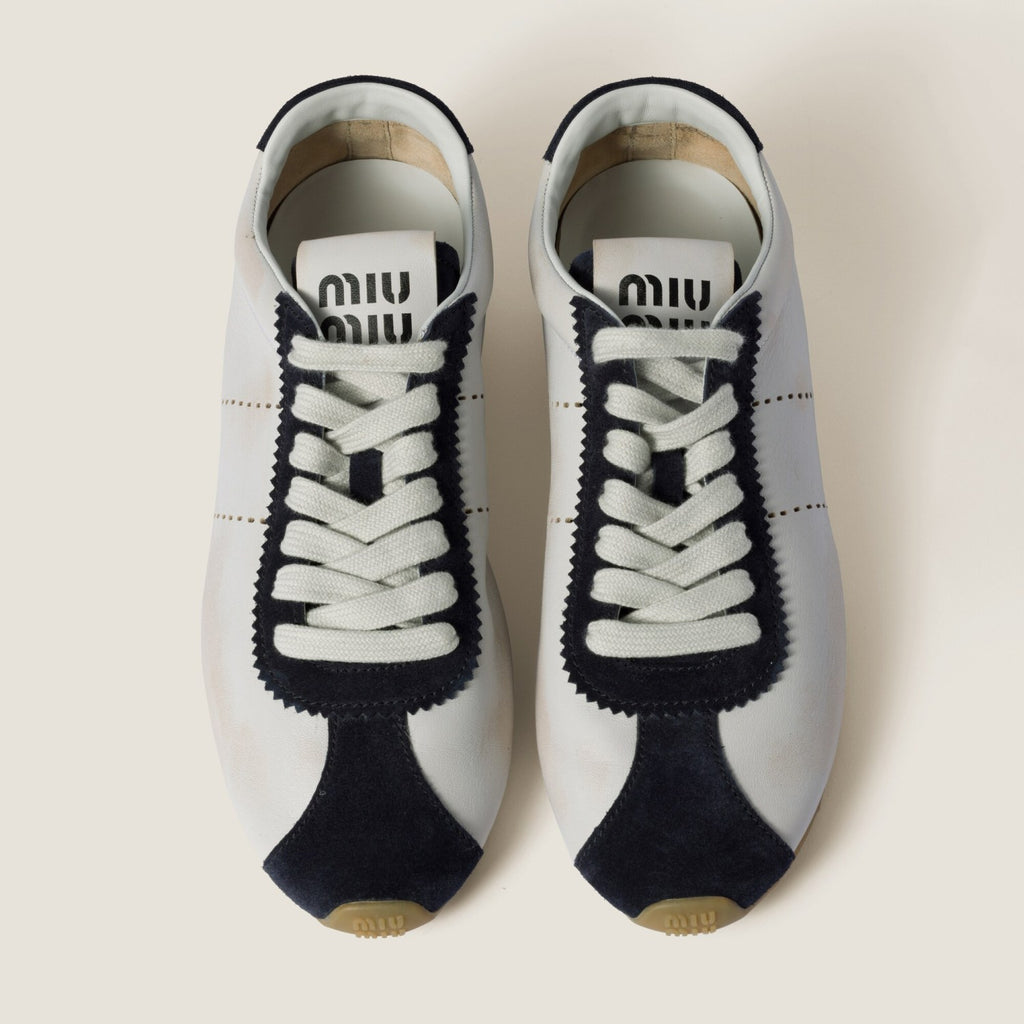 MiuMiu Women's Plume Nappa Leather and Suede Sneakers Four Seasons Round Toe Lace Up Solid Color Low Derby Shoes Casual Shoes #81347