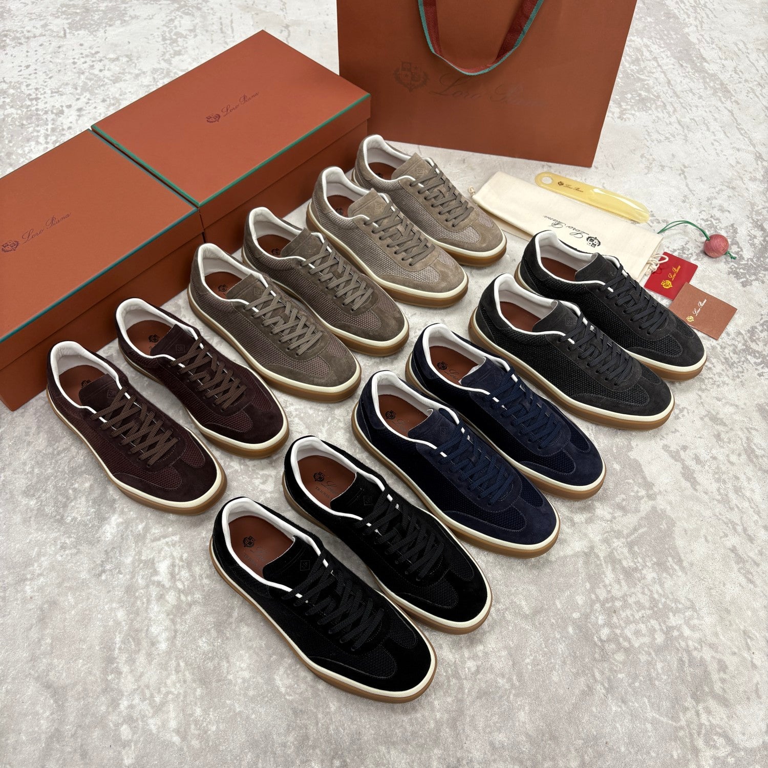 Loro Piana Men's Spring/Fall Fashion Casual Round Toe Lace Up Low Top Leather Patch Sneakers Breathable Mesh Patch Fabric Casual Shoes #79242