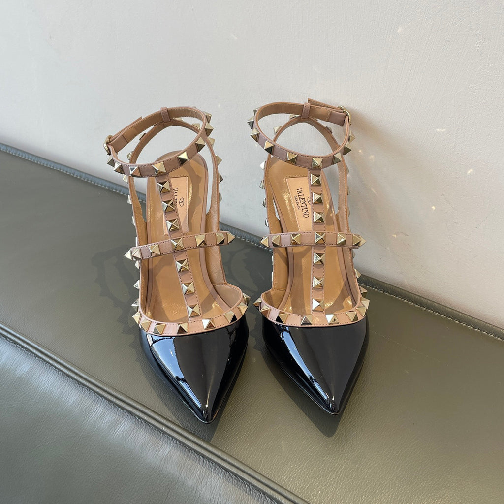 Valentino ROCKSTUD Women's Summer Classic Pointed-Toe Open-Back Stiletto Patent Leather Lace Up Studded Double-Strap High Heels #78999