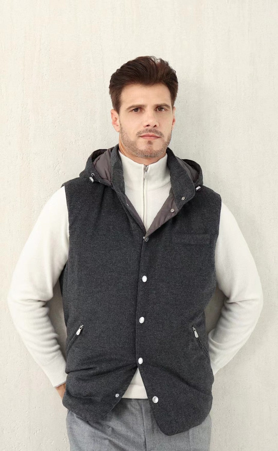 Brunello Cucinelli Men's Spring/Autumn Detachable Hooded Solid Color Single-Breasted Bonded Wool Flannel Down Vest Ngvp #2293