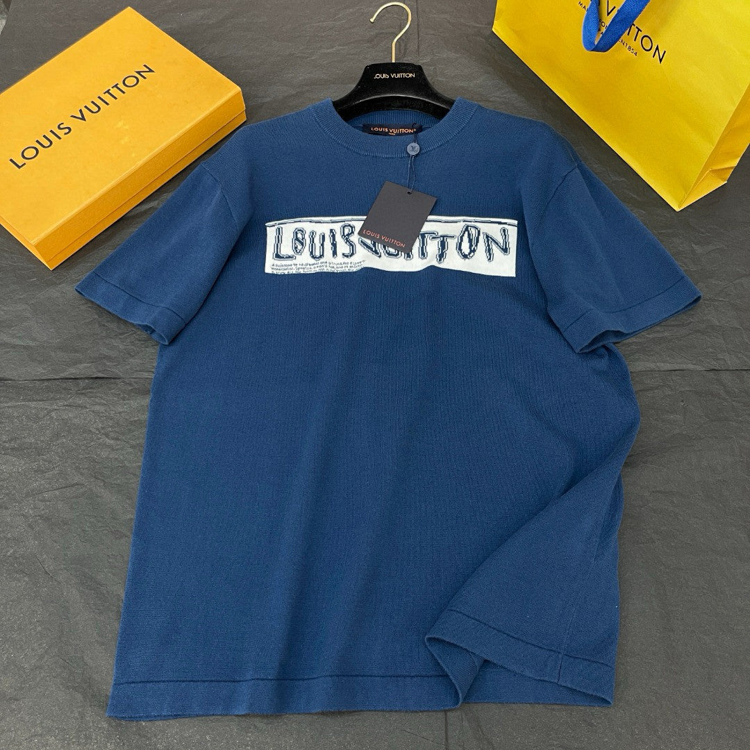 Louis Vuitton Men's Summer Blue Letter Print Round Neck Short-Sleeved Cotton Crewneck T-Shirt #97585