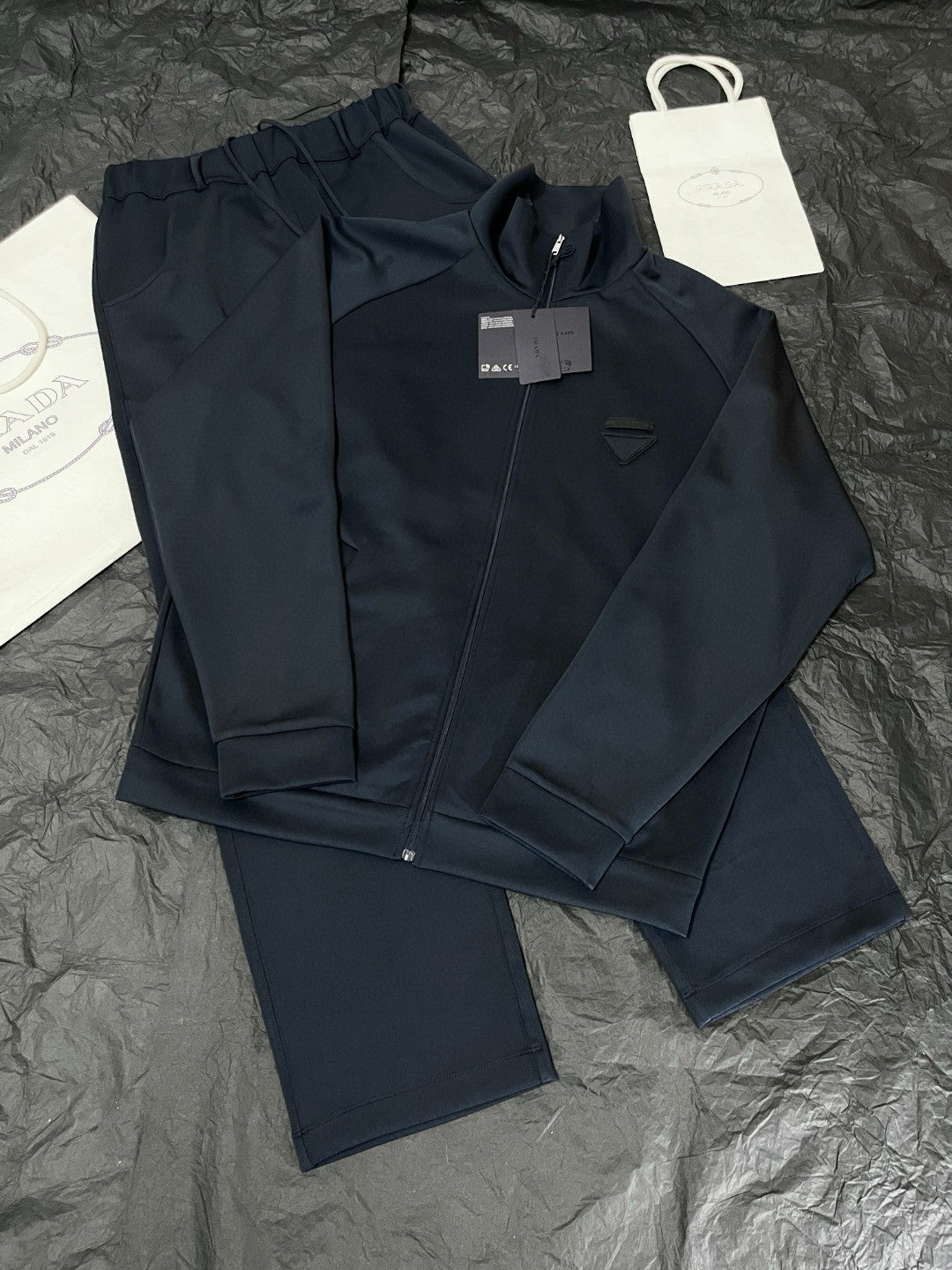 Prada Men's Spring/Fall Fashion Casual Solid Color Stand Up Collar Zipper Fabric Jacket  Solid-Color Elastic Waist Casual Suit Pants Suit Set #78677