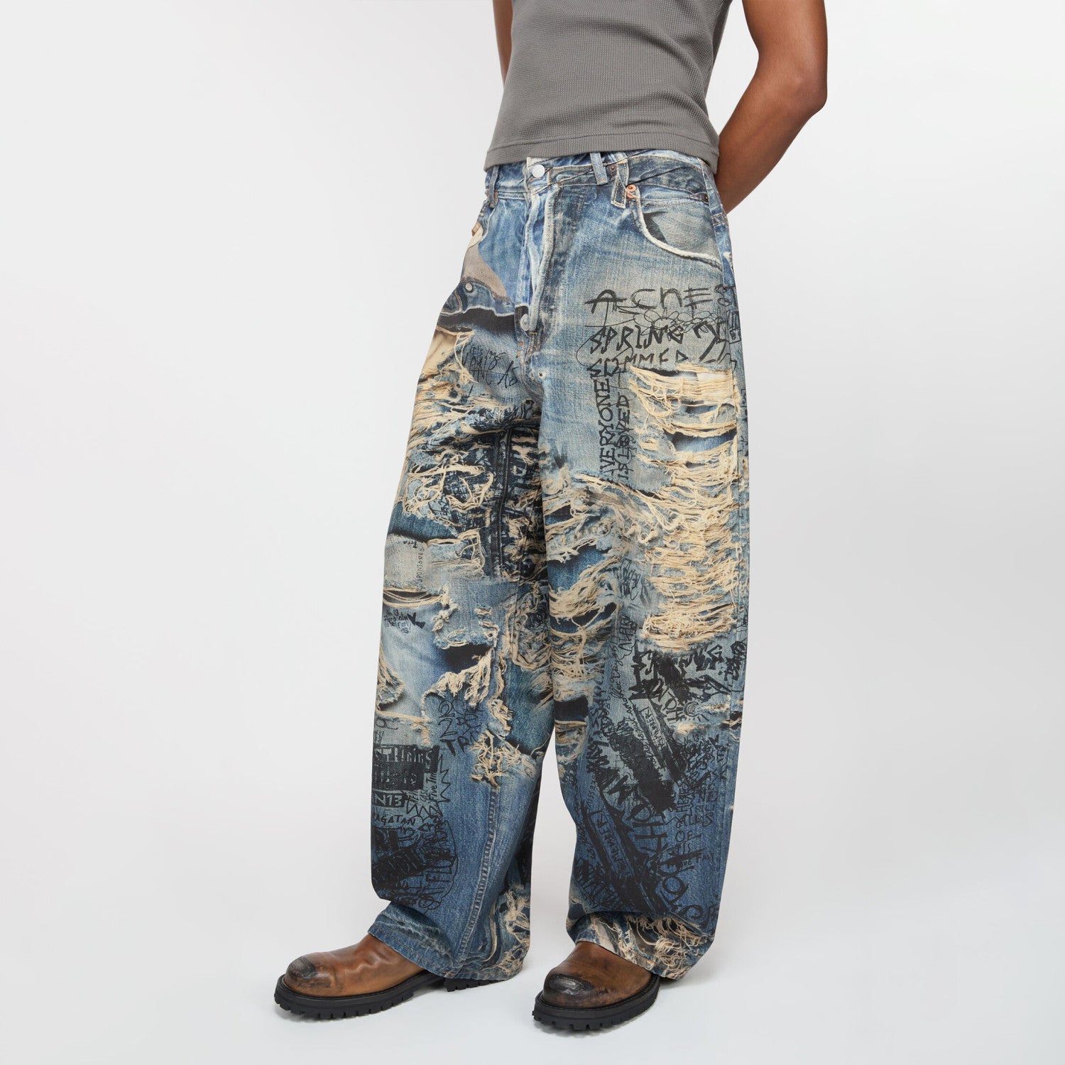 Acne Studios Men's Spring And Summer Ripped Graffiti Mise-en-scène Effect Print Denim Pants Super Loose Fit Jeans Fashion High Street Casual Blue Straight Trousers Ngvp #1186