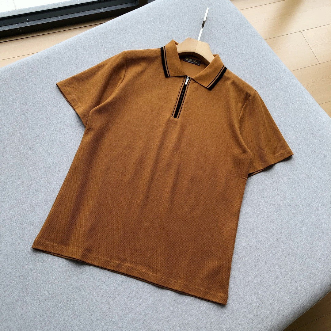 Loro Piana Men's Summer Fashion Solid Color Zip Lapel Zip Regatta Men's Short Sleeve Fitted Polo Shirt Ngvp #8591