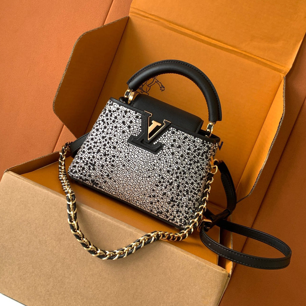 Louis Vuitton Women's Fashion Classic Crocodile Patterned Handbag With Hand Embedded Diamond Logo Letter Badge Dual-strap Tote Crossbody Bag Shoulder Black Bag Bags #79297