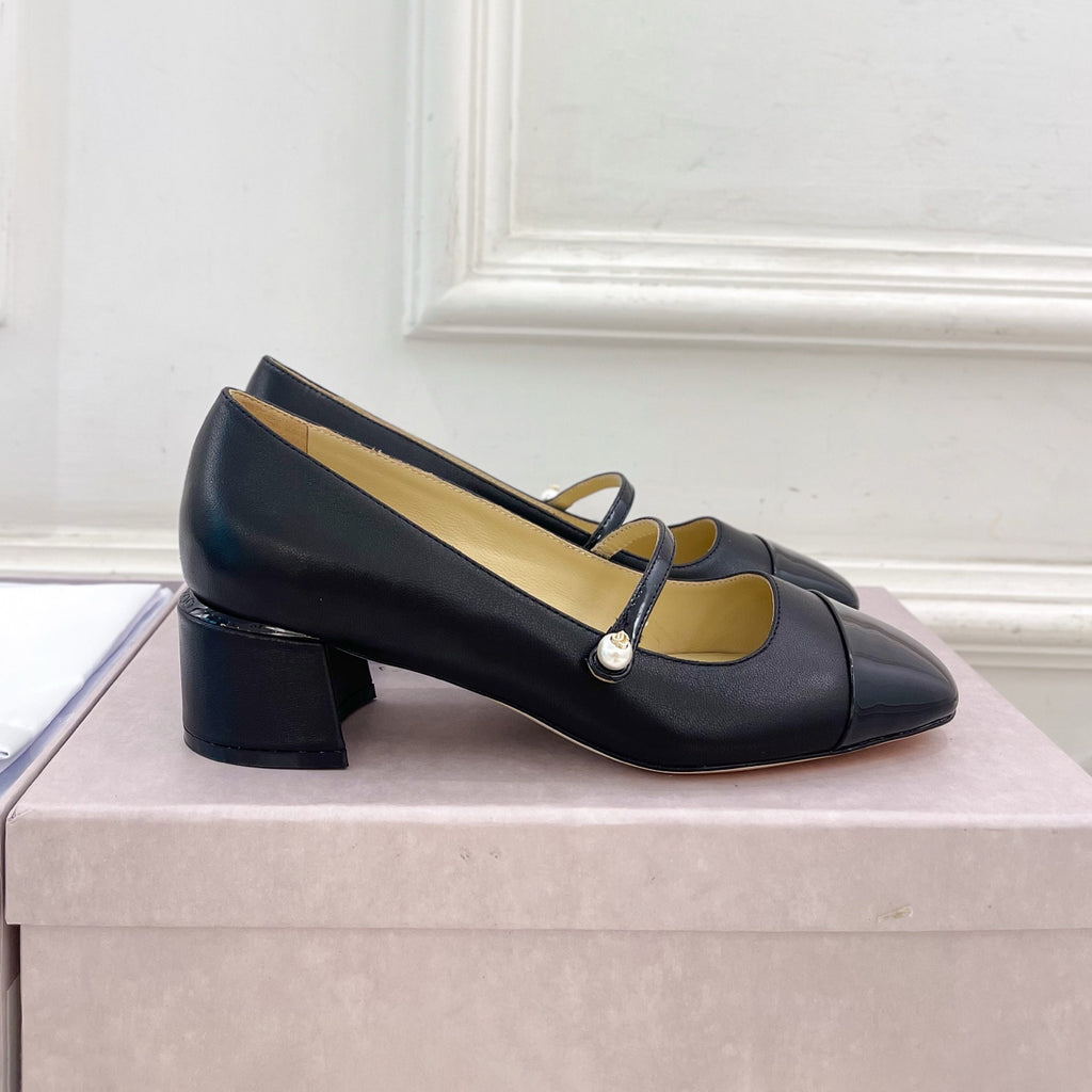 JIMMY CHOO ELISA 45 Women's Spring/Fall Fashion Classic Square Toe Slip On Chunky Heel High-Heel Two Tone Pearl Mary Jane Shoes #79448