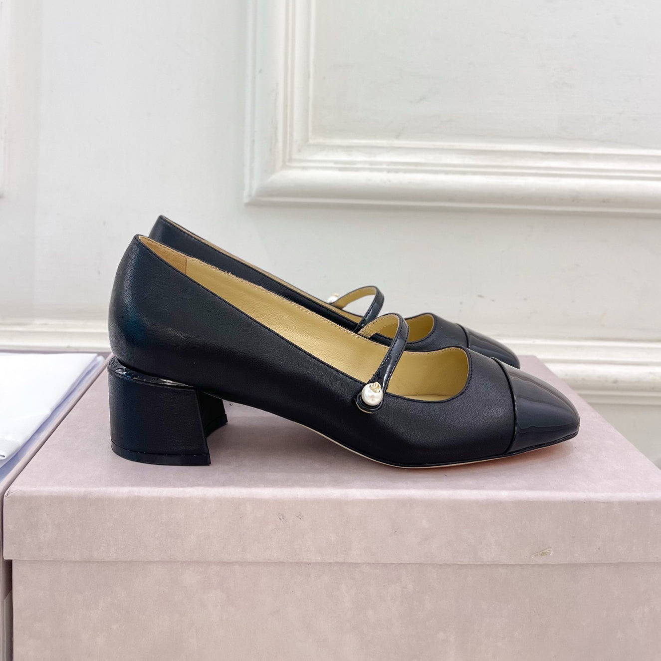 JIMMY CHOO ELISA 45 Women's Spring/Fall Fashion Classic Square Toe Slip On Chunky Heel High-Heel Two Tone Pearl Mary Jane Shoes #79448