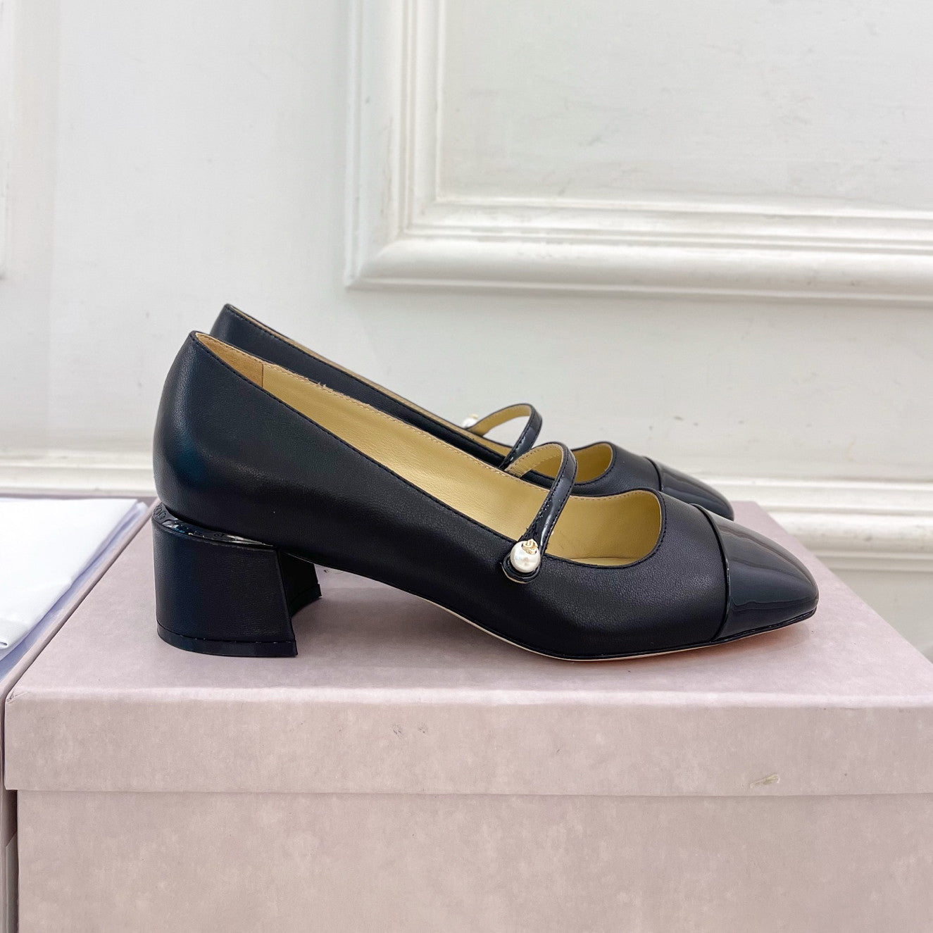 JIMMY CHOO ELISA 45 Women's Spring/Fall Fashion Classic Square Toe Slip On Chunky Heel High-Heel Two Tone Pearl Mary Jane Shoes #79448