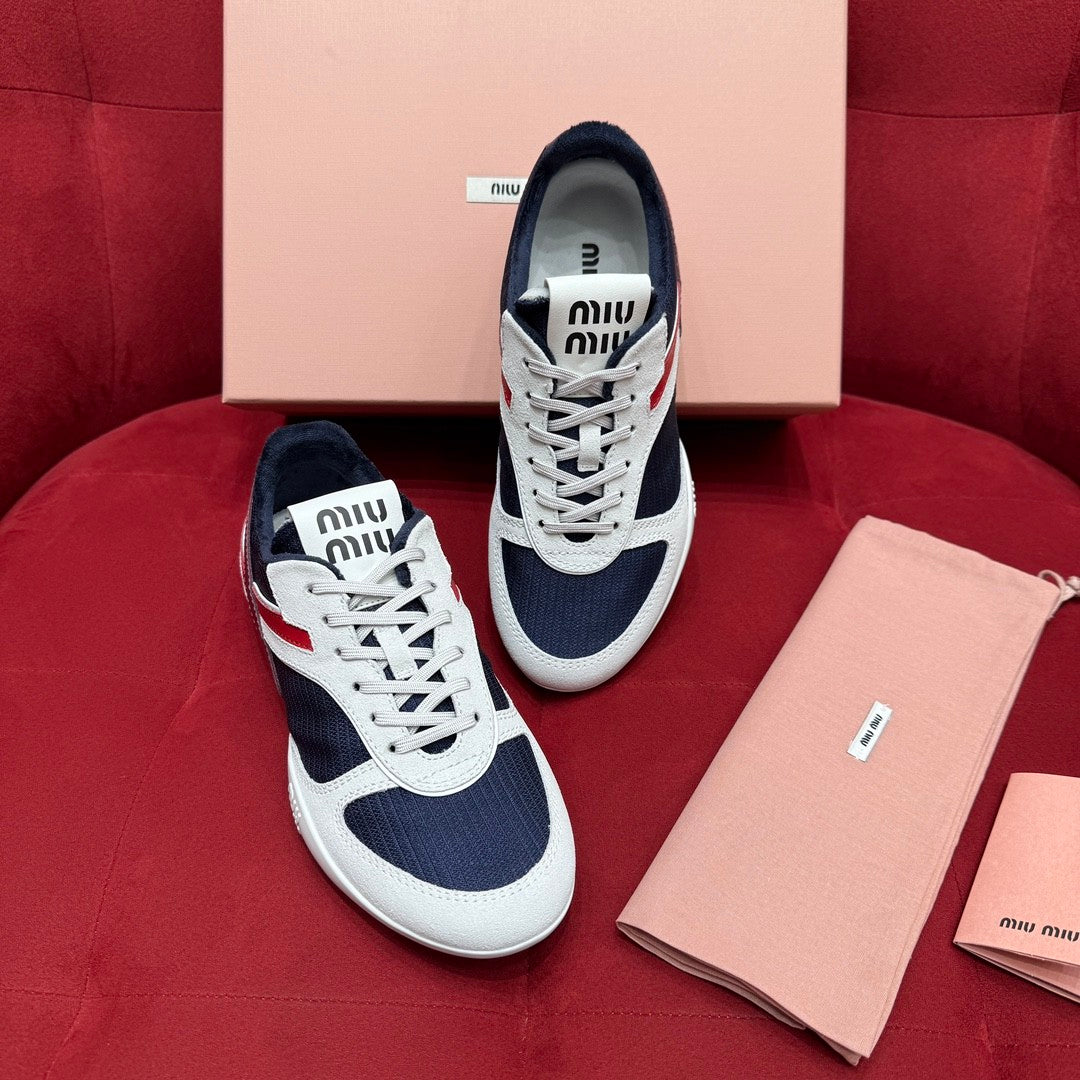 MiuMiu Women's Four Seasons Colorblock Gymnasium Tech Fabric Fabric and Suede Leather Low Top Lace-Up Sneakers Shoes #76373