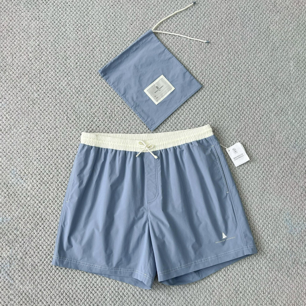 Brunello Cucinelli  Nylon Swim Shorts With Contrast Details And Print Men's Spring Summer Holiday Beach Shorts Colour Block Fashion Casual Pants #77277