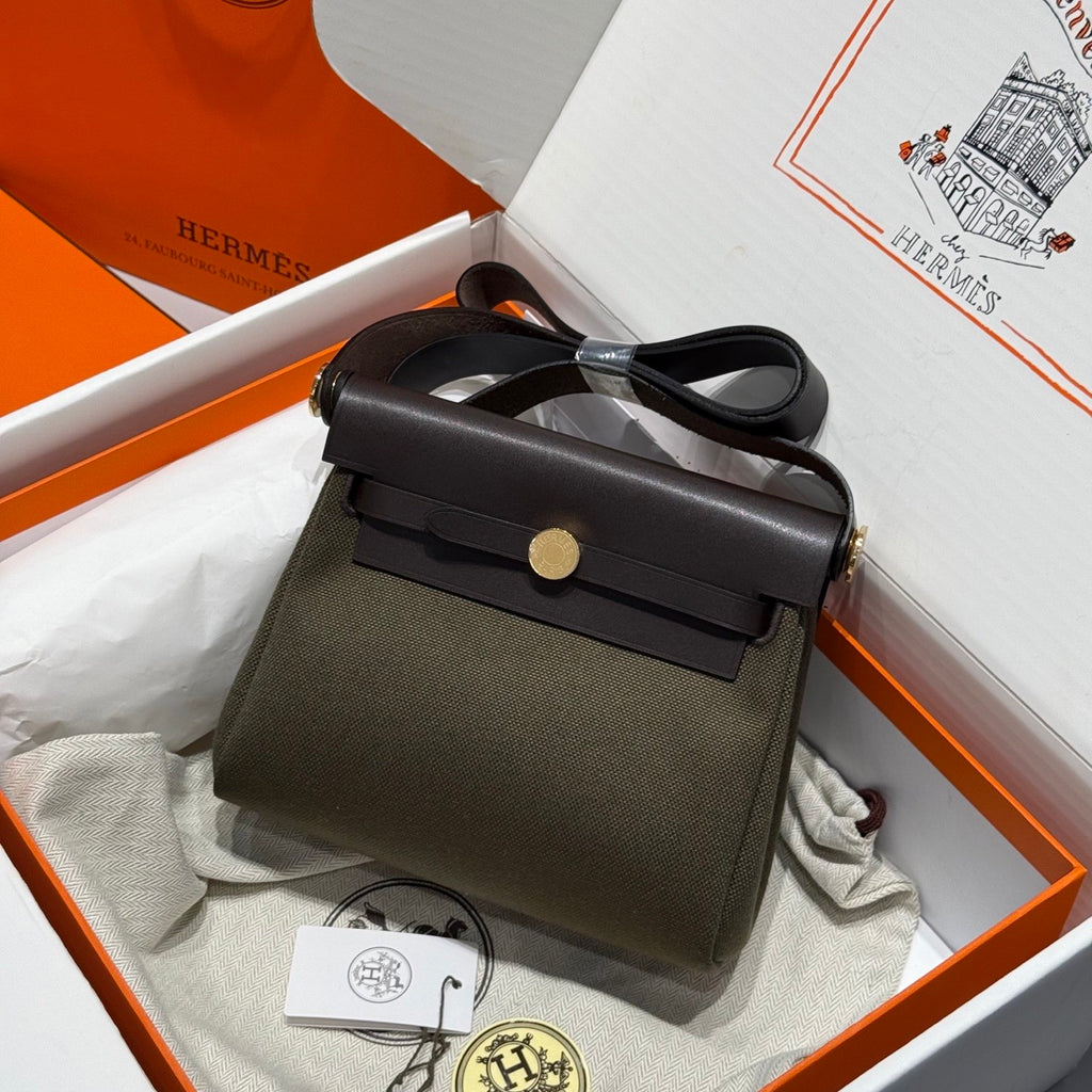 Hermes H -Mini Herbag Women's Color Blocking Metal Buckle Canvas and Cowhide Handbag Shoulder Satchel Bag Bags #76411