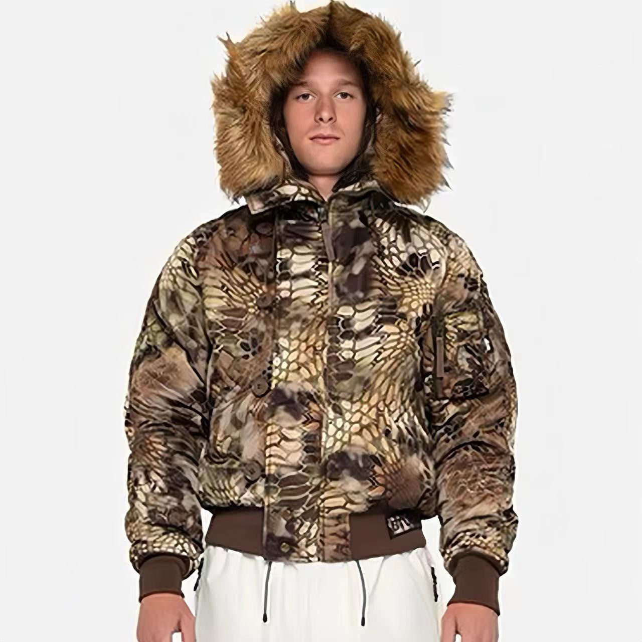 Stussy Men's And Women's Fall And Winter Fashion Python Print Hooded Fur Collar Short Jacket Casual Thickened Jacket Ngvp #7653