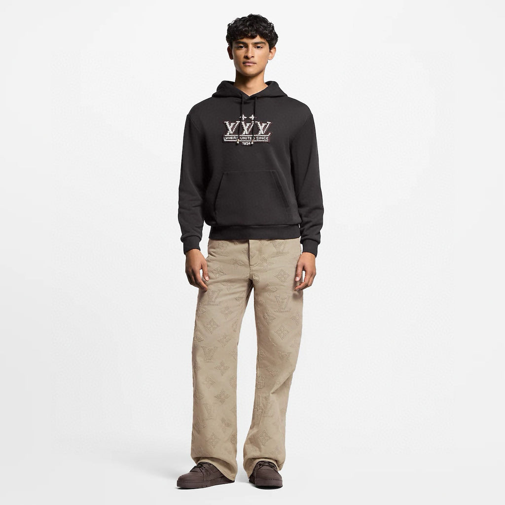 Louis Vuitton Men's Spring/Autumn Solid Color Beaded Embroidery Pattern Printed Drawstring Hooded Long Sleeve Sweatshirt #77951