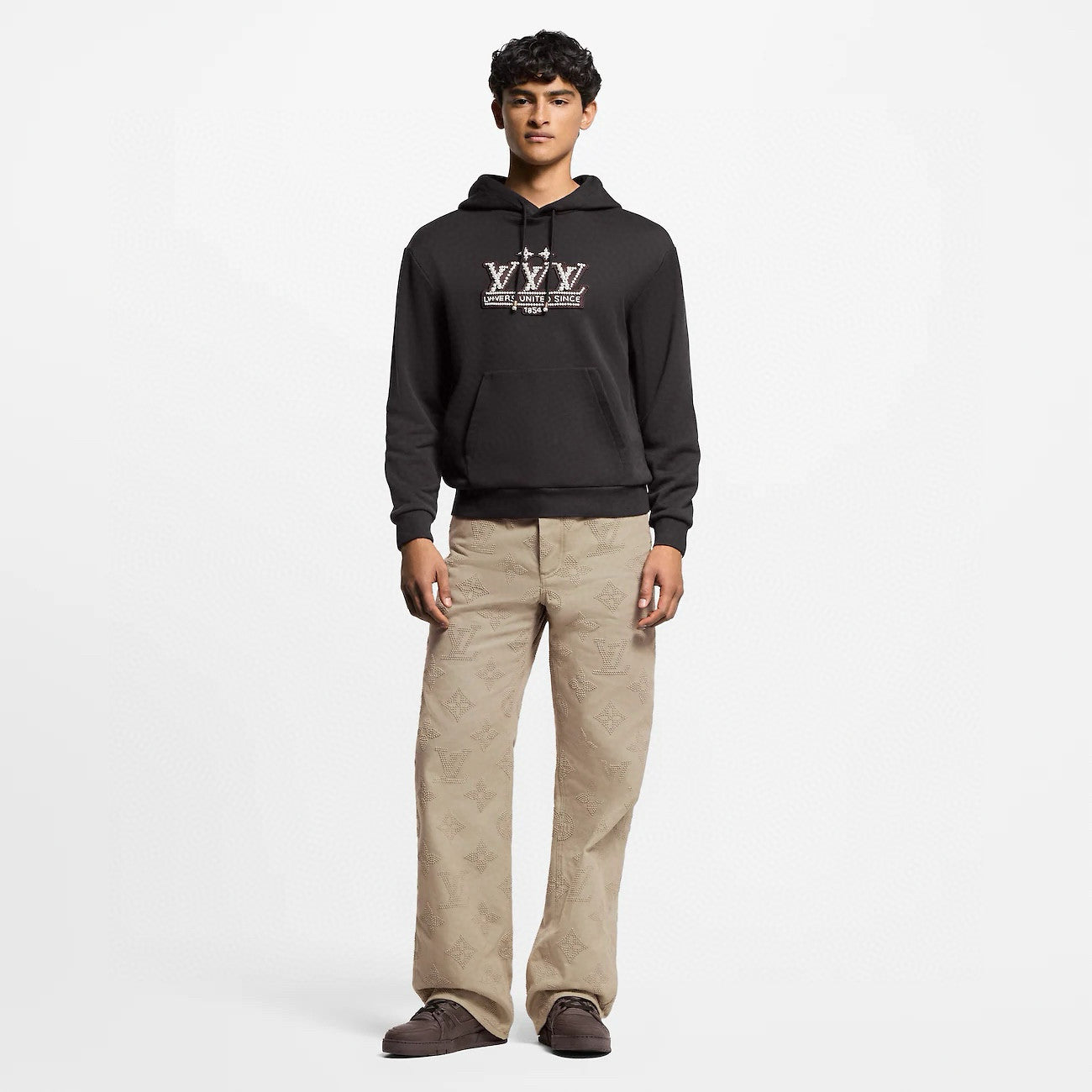 Louis Vuitton Men's Spring/Autumn Solid Color Beaded Embroidery Pattern Printed Drawstring Hooded Long Sleeve Sweatshirt #77951