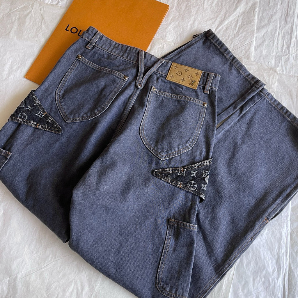 Louis Vuitton Monogram Flower Denim Pants Men's Black Logo Letter Print Irregular Fit Jeans #98869