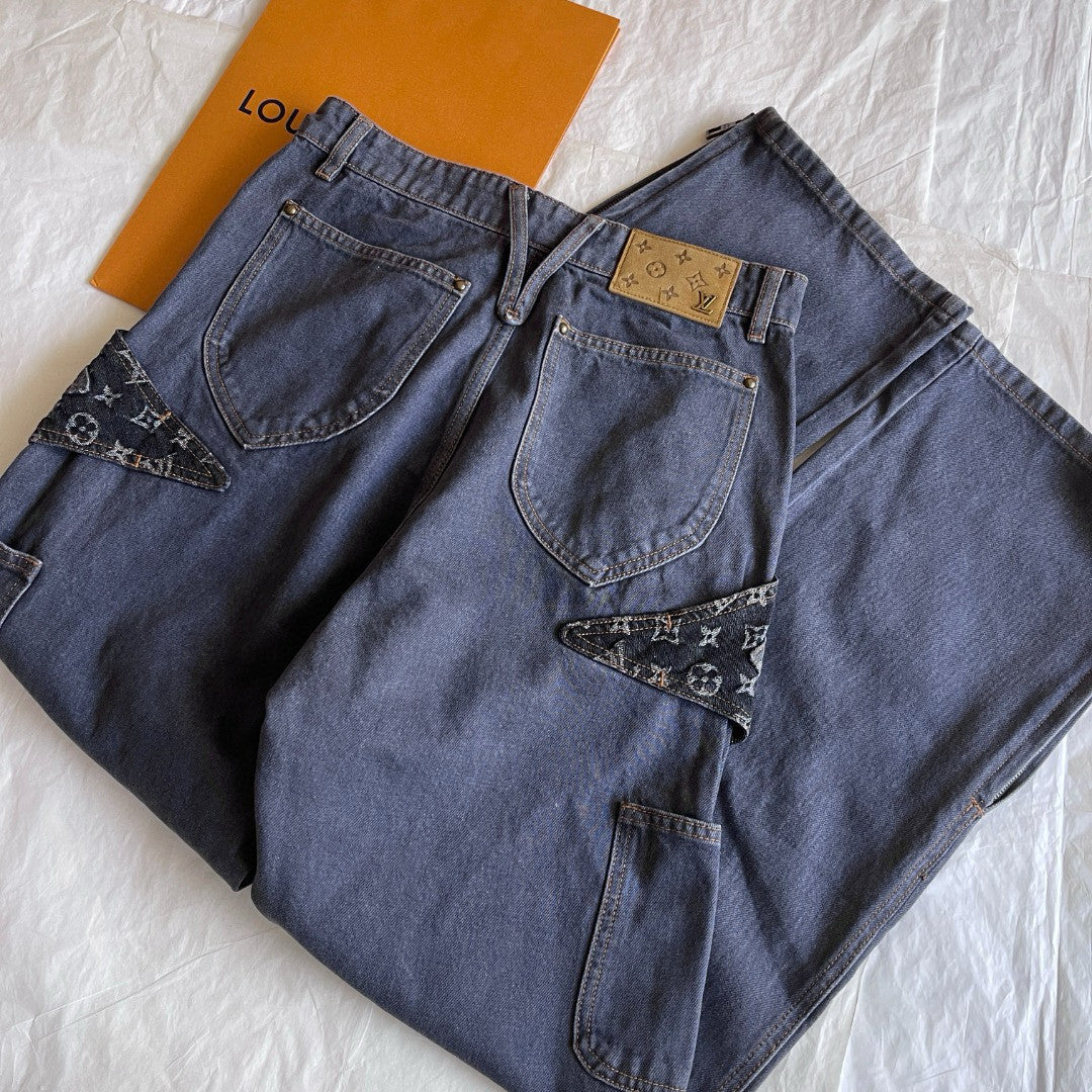 Louis Vuitton Monogram Flower Denim Pants Men's Black Logo Letter Print Irregular Fit Jeans #98869