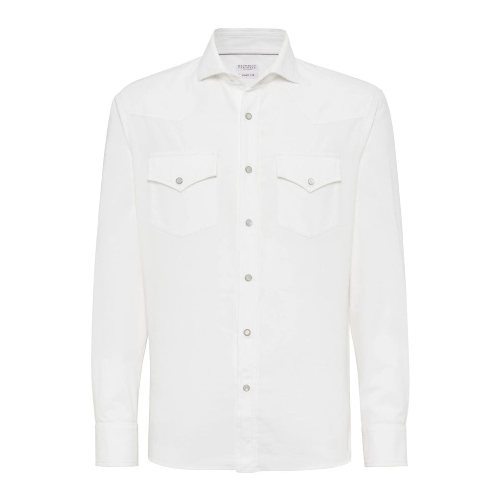 Brunello Cucinelli Men's Spring And Fall Cotton Lapel Solid Color Single-Breasted Chest Pocket Long Sleeve Fitted Shirt Ngvp #1557