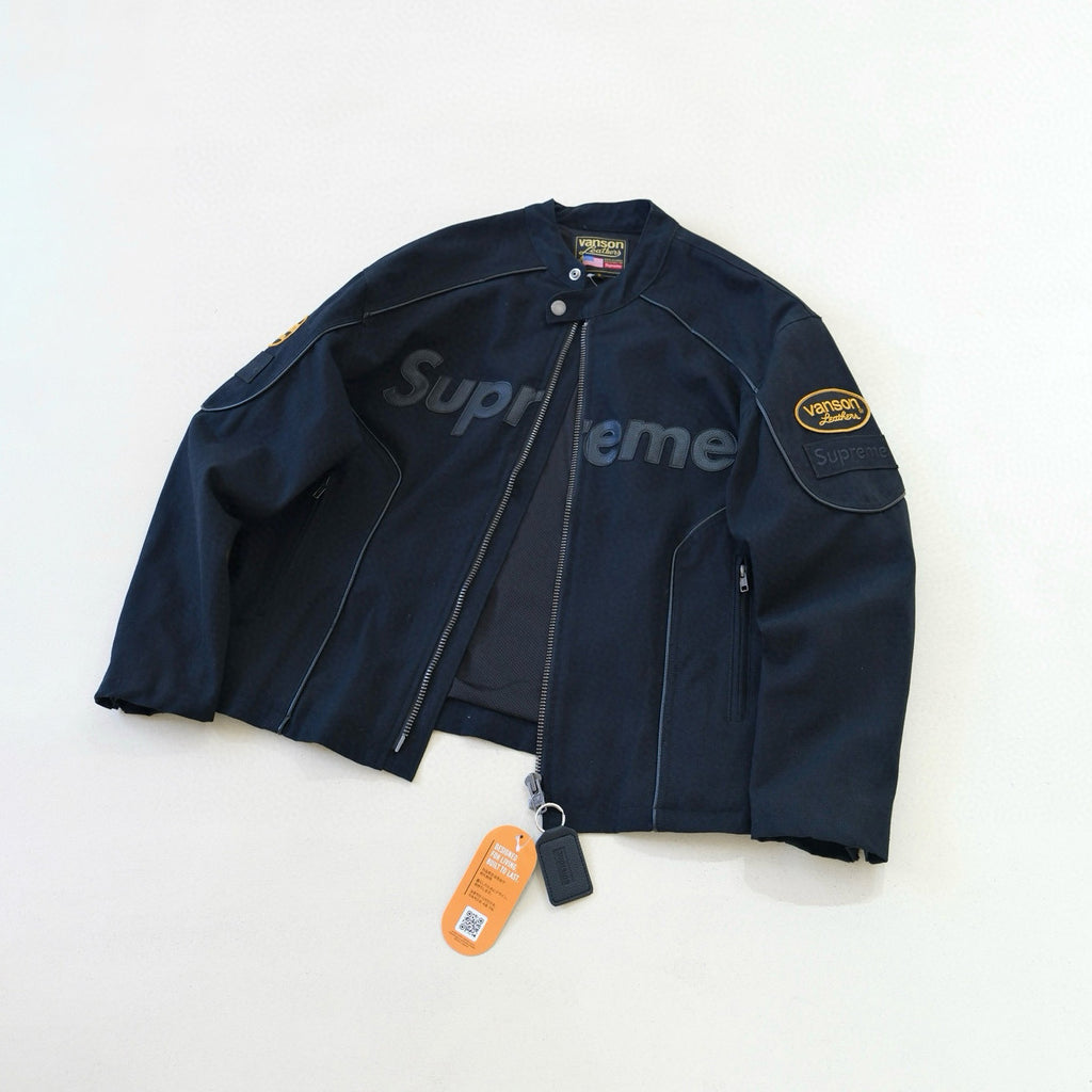 Supreme x Vanson Leathers x Cordura Men's And Women's Spring/Fall Fashion Casual High Neck Leather Logo Zipper Patchwork American Style Jacket #78582