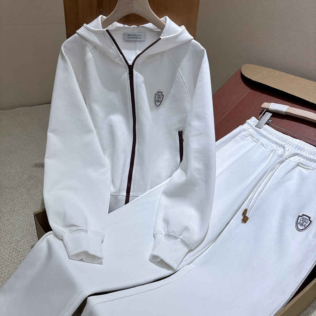 Brunello Cucinelli Men's And Women's Spring/fall Fashion Casual Solid Color Hooded Zipper Jacket With Logo Trim Solid Color Elastic Waist Casual Wide Leg Pants Pants Suit Set #79265