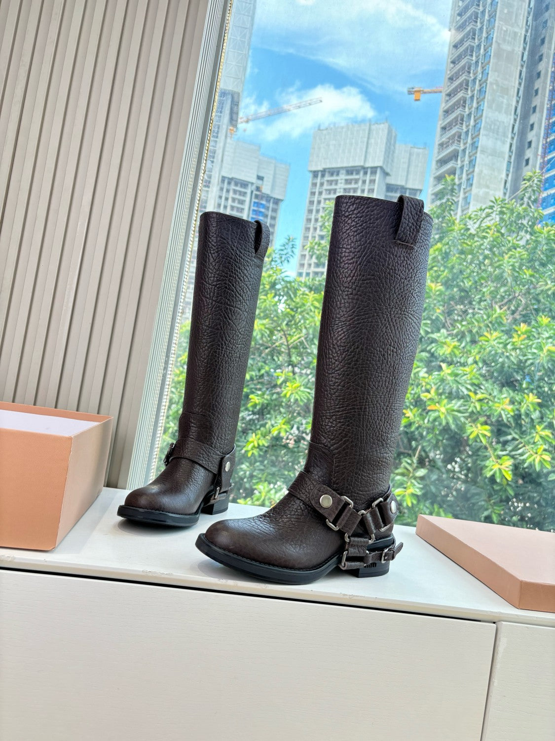 MiuMiu Women's Fall/Winter Classic Solid-Color Leather Biker-Style Long Boots Retro Rider Long Boots Shoes #78721