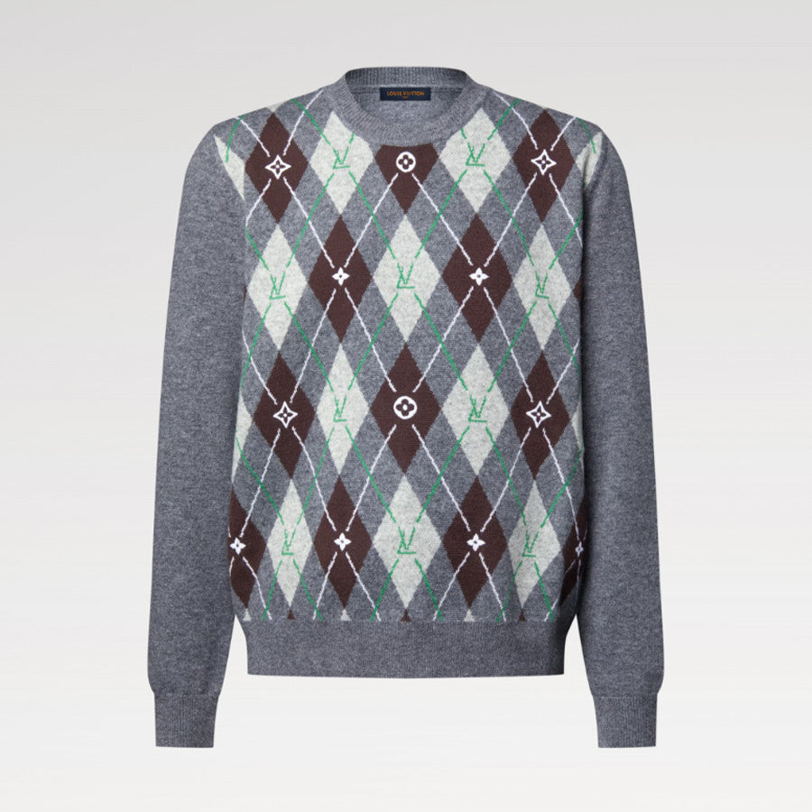 Louis Vuitton Men's Argyle Crew Neck Sweater Spring/Fall Checkered Embroidered Wool Solid Color Long Sleeve Sweater #81564