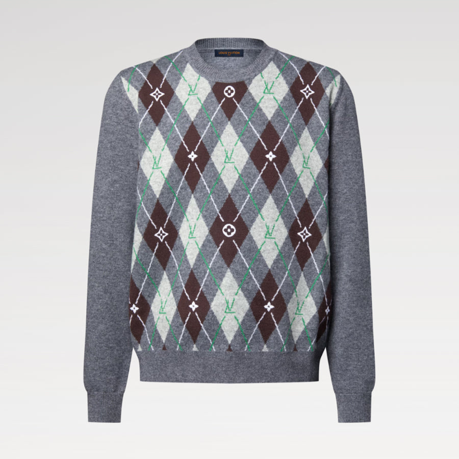Louis Vuitton Men's Argyle Crew Neck Sweater Spring/Fall Checkered Embroidered Wool Solid Color Long Sleeve Sweater #81564