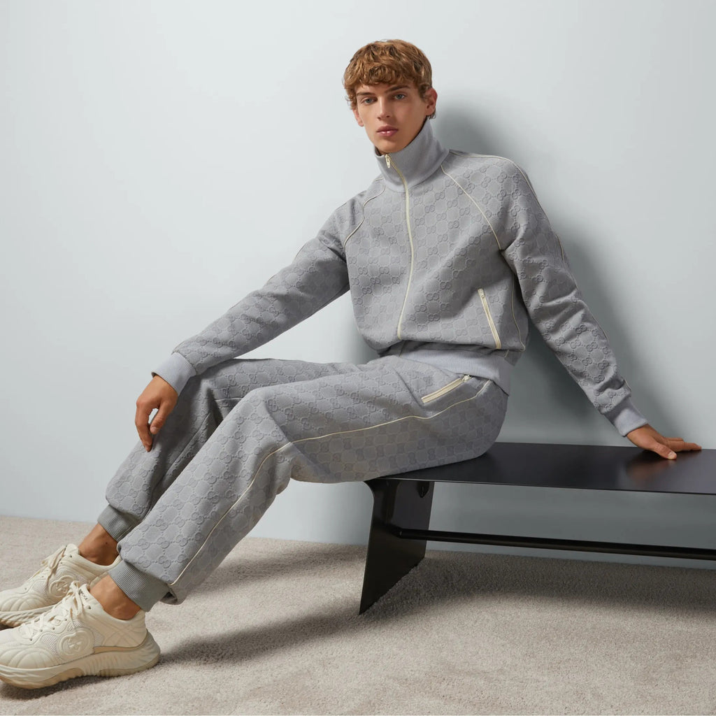Gucci Men's Spring and Autumn Gray Letter Logo Full Print Zipper Long Sleeve Jacket Drawstring Tie Sweatpants Pants Suit Set #72978