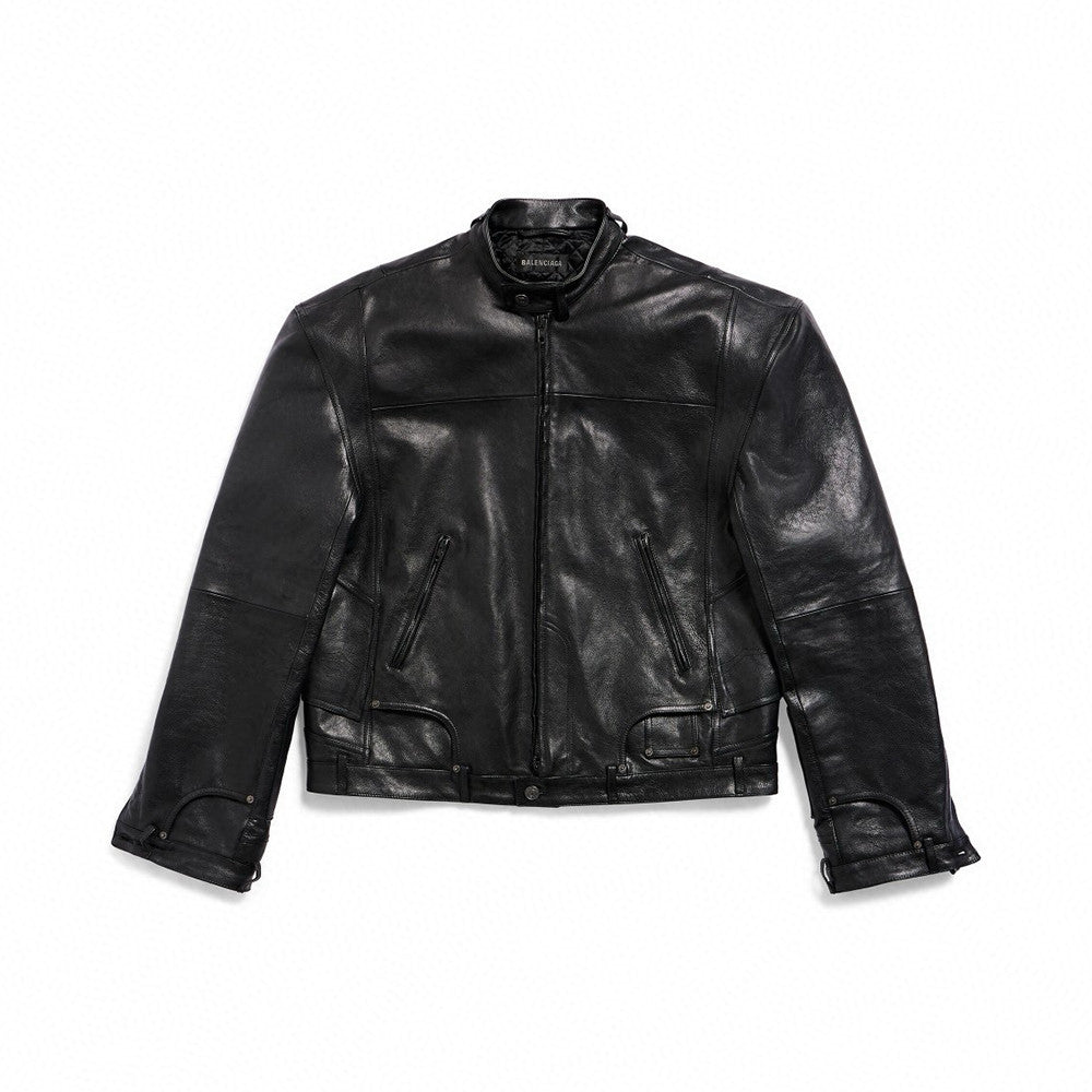 Balenciaga 25FW Cowhide Jacket Bew Double Zipper Ribbed Cuffs Leather Jacket Loose Version #332836