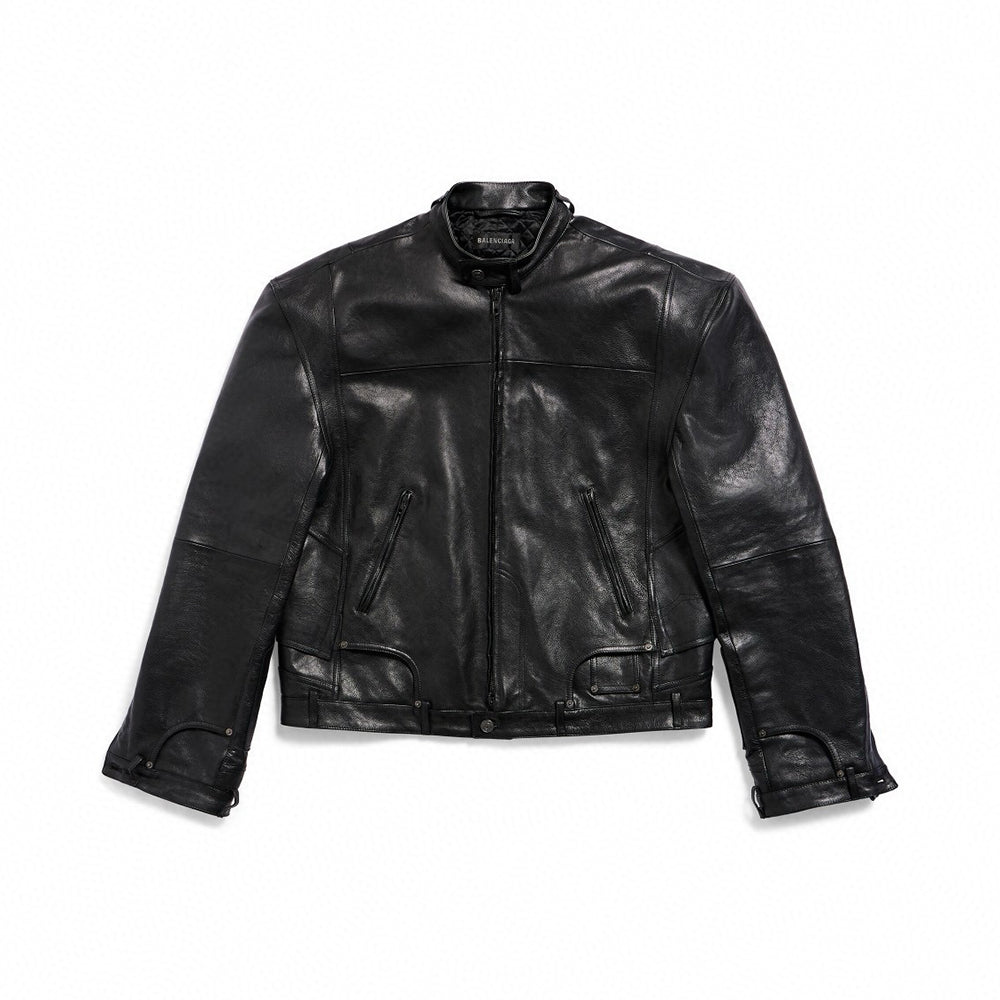 Balenciaga 25FW Cowhide Jacket Bew Double Zipper Ribbed Cuffs Leather Jacket Loose Version #332836